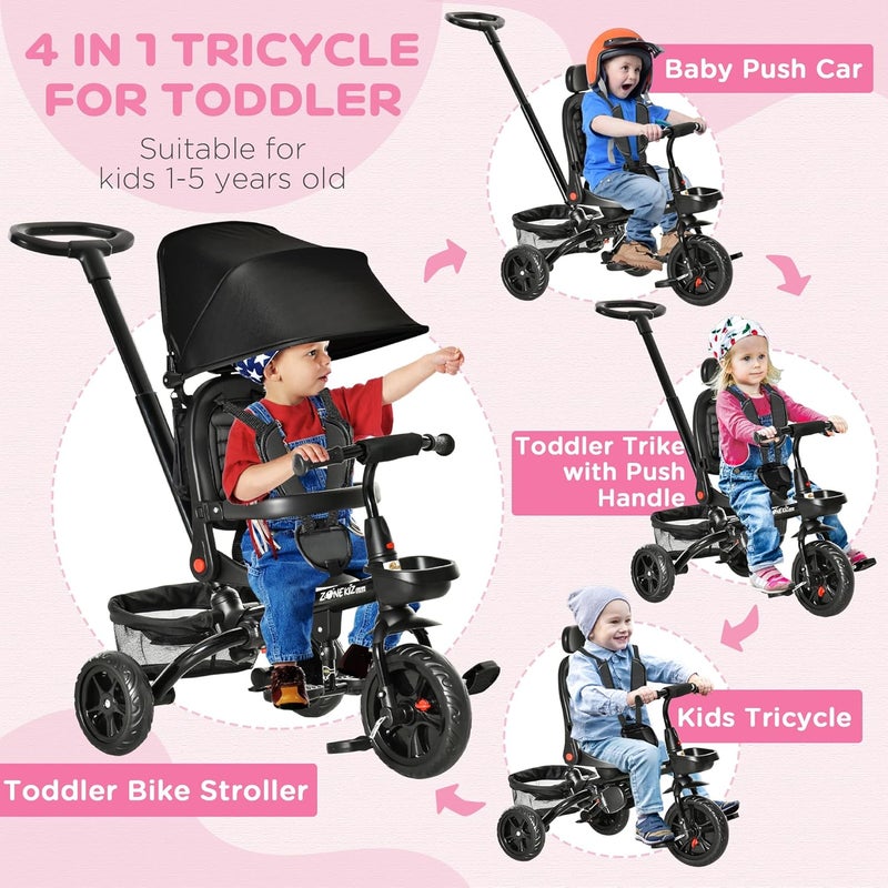 Qaba Kids Tricycle, 4 in 1 Foldable Trike with Reversible Seat, Adjustable Parent Handle, Safety Harness, Wheel Brakes, Removable Canopy, Storage, Tricycle for Toddlers 1-5 Years, Black - Image 3